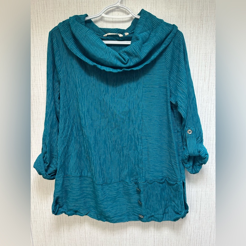 Soft Surroundings Blue‎ Striped Cowl Neck 3/4 Sleeve Top Size Large